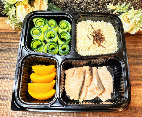 Lower Calorie - Steam Salmon with Portioned Fragrant Sesame Rice, Vegetable of the Day and Fruit/Dessert